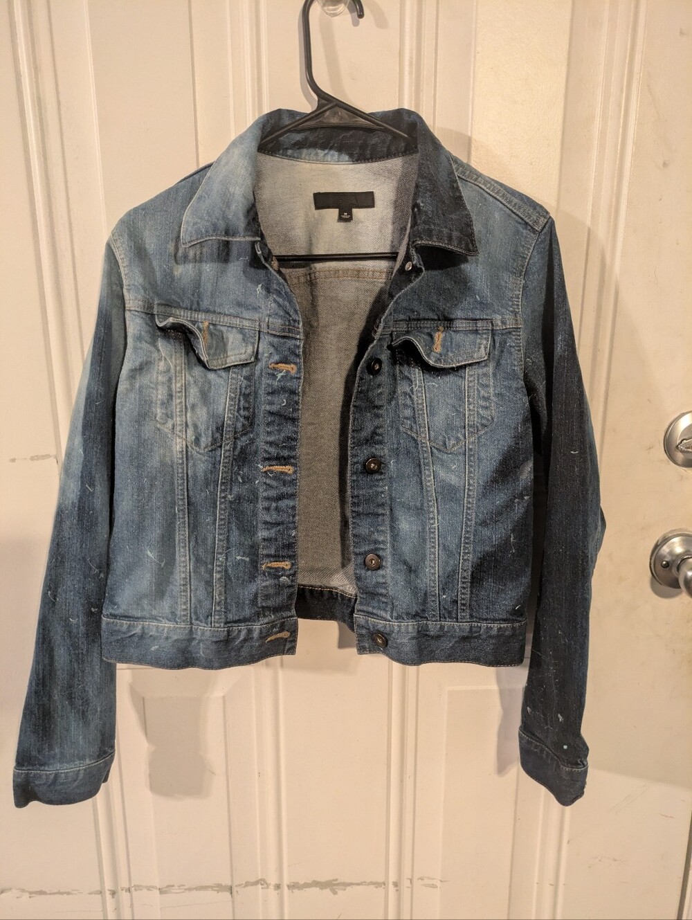 Uniqlo Women's Medium Blue Denim Jacket Paint Splatter Distressed Button Front